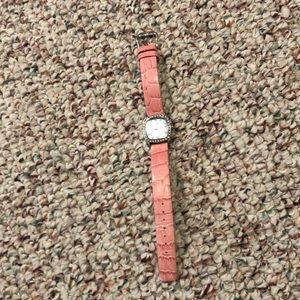 Fossil watch pink leather straps mother of pearl face rhinestone around face